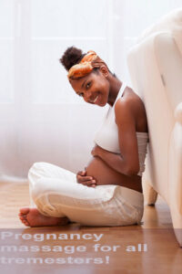 Pregnant Woman Sitting captioned